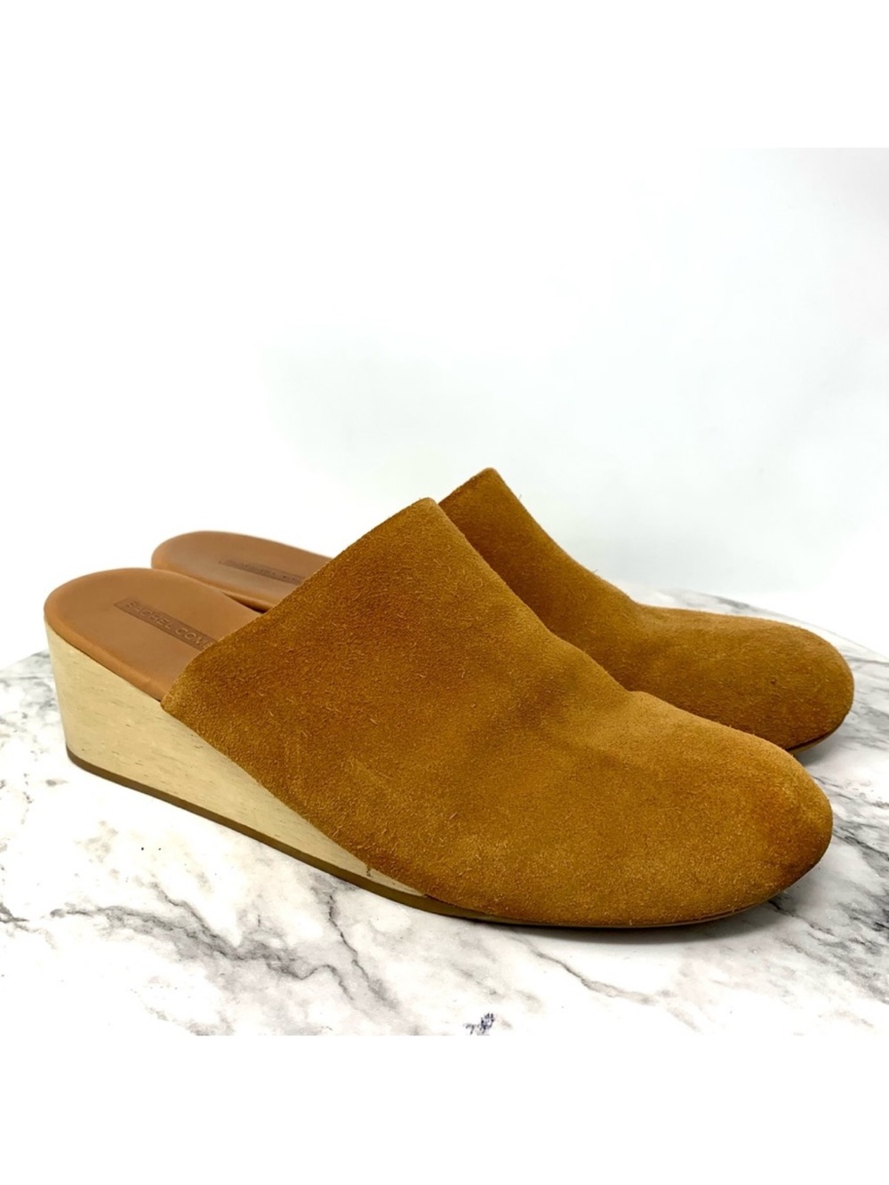 Rachel Comey Sucasa Slipper Brown Suede Wood Wedge Mules 8.5 Earthy Classic